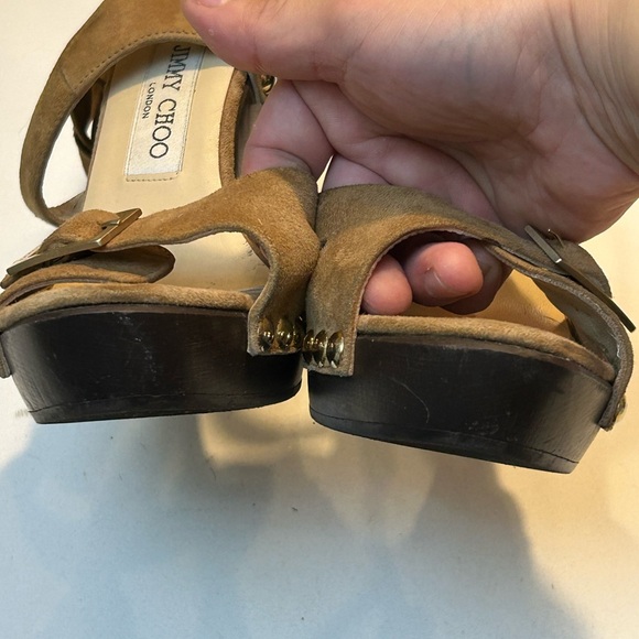 Designer Jimmy Choo Tan Suede Leather Heeled Sandals - Picture 7 of 8